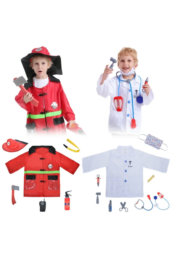 Kids Firefighter & Doctor Preschool Dress Up Clothes Set, Career Costumes 3 - 6 Years Old
