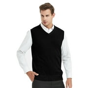 Toptie Men Business V-Neck Knitted Sweater Vest, Cotton Fit Casual Solid Plain Sleeveless Pullover-Black-L