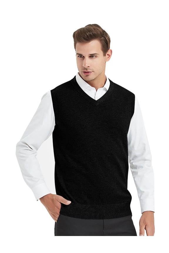 Men Business V-Neck Knitted Sweater Vest, Cotton Fit Casual Solid Plain Sleeveless Pullover-Black-XXL