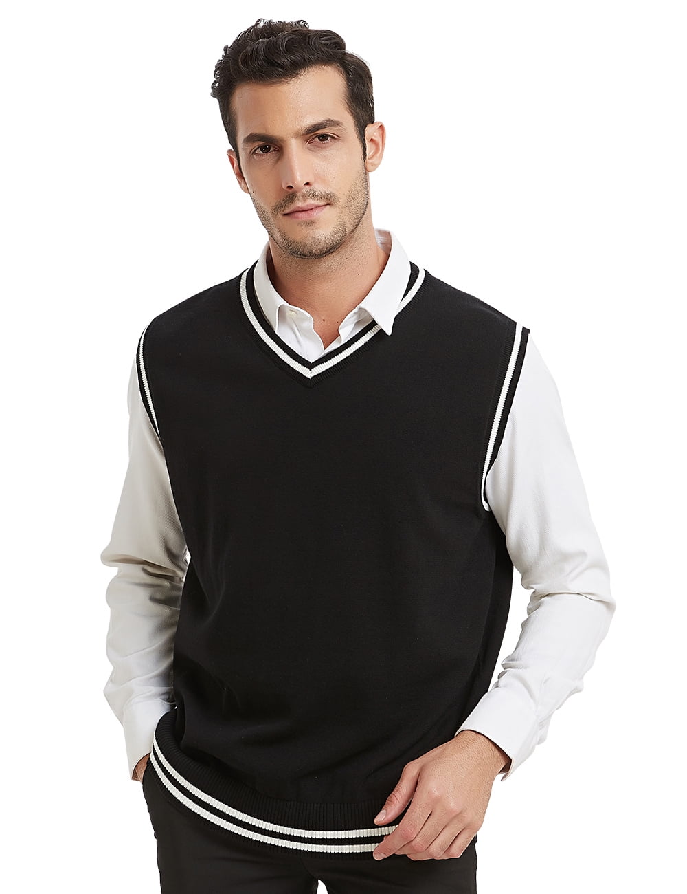Toptie Men Business V-Neck Knitted Sweater Vest, Cotton Fit Casual