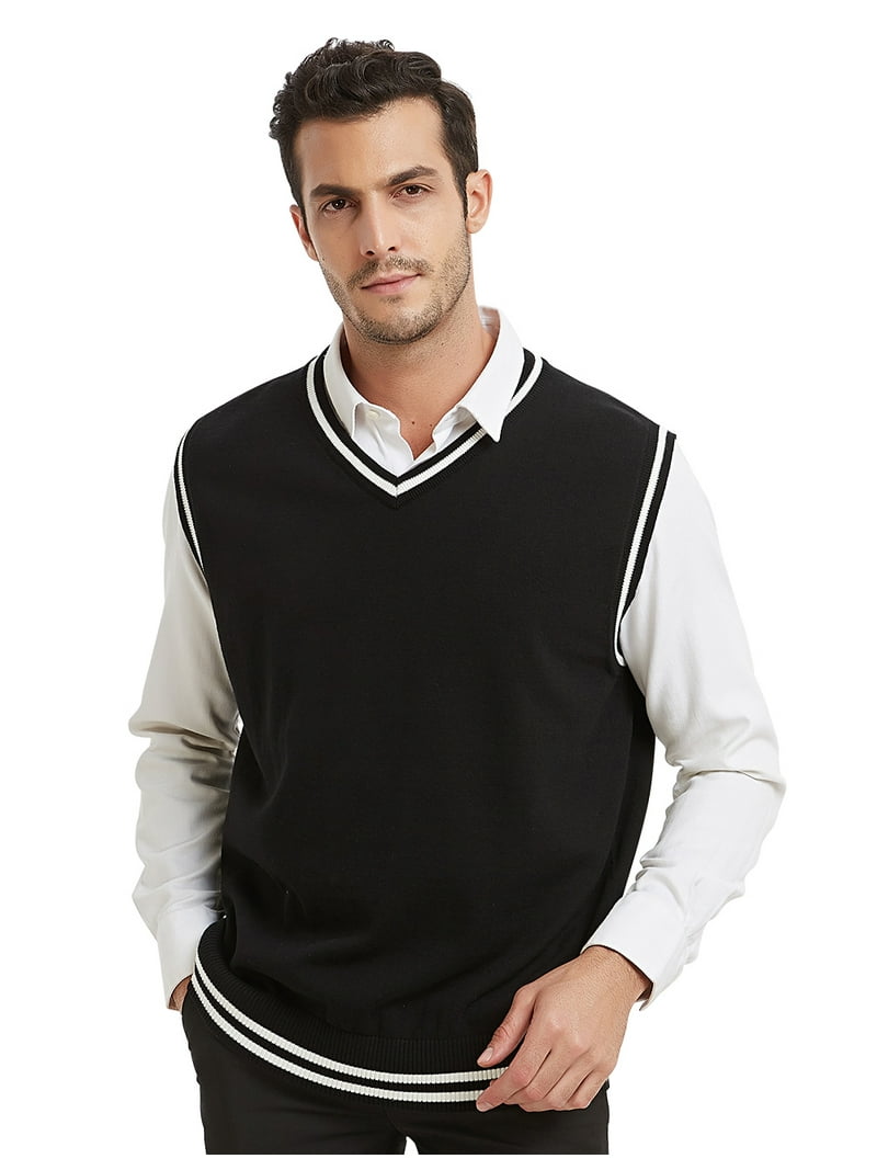 Toptie Men Business V-Neck Knitted Sweater Vest, Cotton Fit Casual