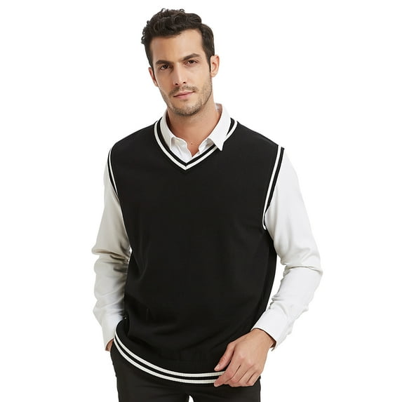 Toptie Men Business V-Neck Knitted Sweater Vest, Cotton Fit Casual Solid Plain Sleeveless Pullover-Black and White-L