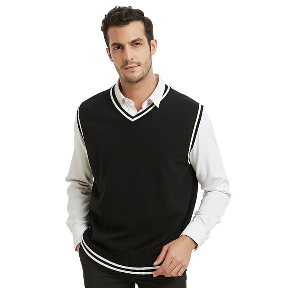 Toptie Men Business V-Neck Knitted Sweater Vest, Cotton Fit Casual Solid Plain Sleeveless Pullover-Black and White-L