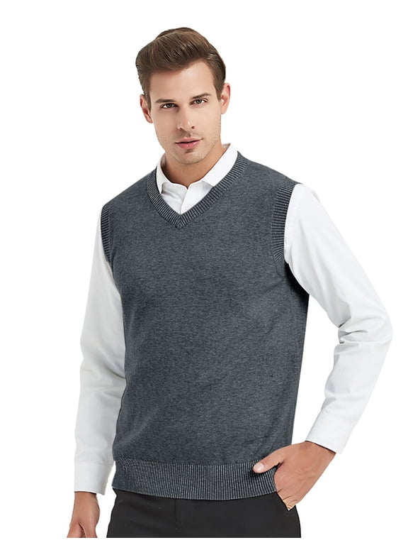 Men Business V-Neck Knitted Sweater Vest, Cotton Fit Casual Solid Plain Sleeveless Pullover-Charcoal-M