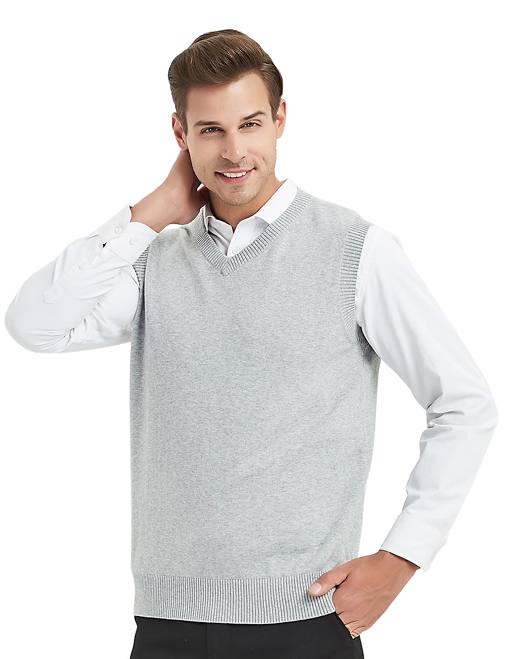 Toptie Men's V-Neck Knitted Sweater Vest, Cotton, Black, XXL