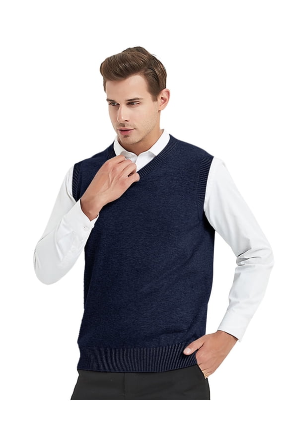 Men Business V-Neck Knitted Sweater Vest, Cotton Fit Casual Solid Plain Sleeveless Pullover-Navy-L