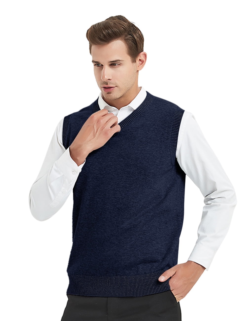 Toptie Men Business V-Neck Knitted Sweater Vest, Cotton Fit Casual
