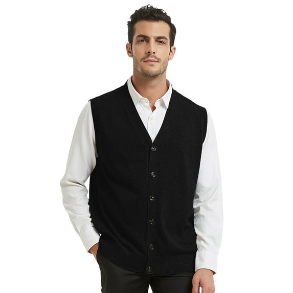 Toptie Men Sweater Vest Solid Knitted Lightweight Thermal Cardigan-Black-XL