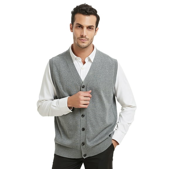 Toptie Men Sweater Vest Solid Knitted Lightweight Thermal Cardigan-Gray-XL