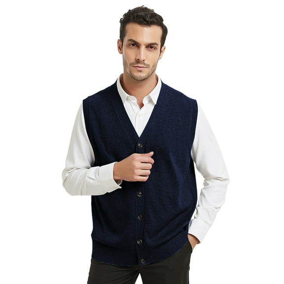 Toptie Men Sweater Vest Solid Knitted Lightweight Thermal Cardigan-Navy-XL