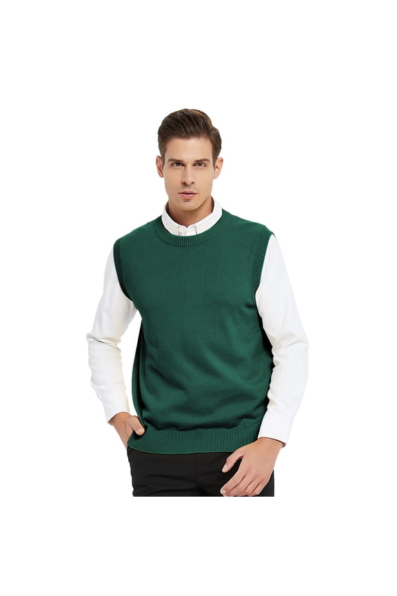 Men's 100% Cotton Knit Sweater Vest, Crew Neck Solid Color