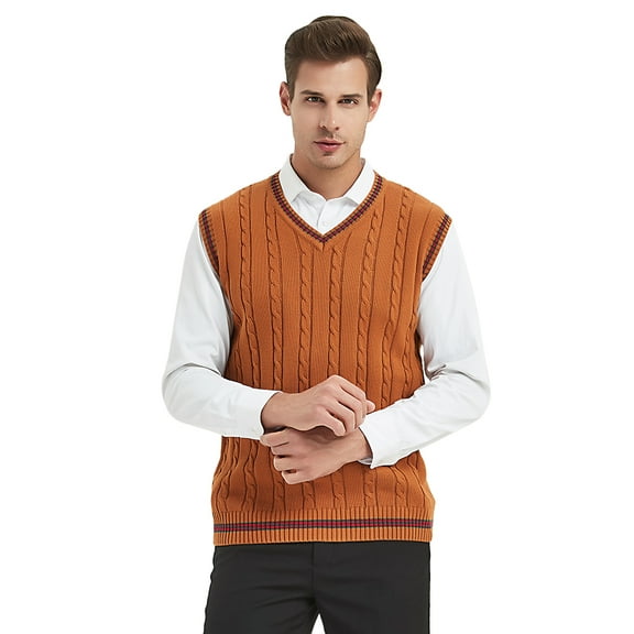 Toptie Men's 100% Cotton Knit Sweater Vest, V Neck Cable Pattern