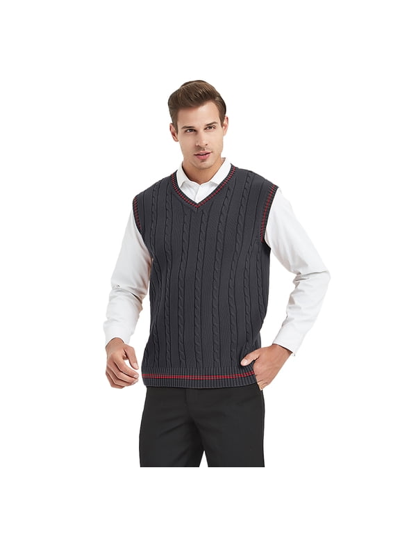 Men's 100% Cotton Knit Sweater Vest, V Neck Cable Pattern