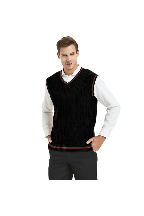 Men's 100% Cotton Knit Sweater Vest, V Neck Cable Pattern