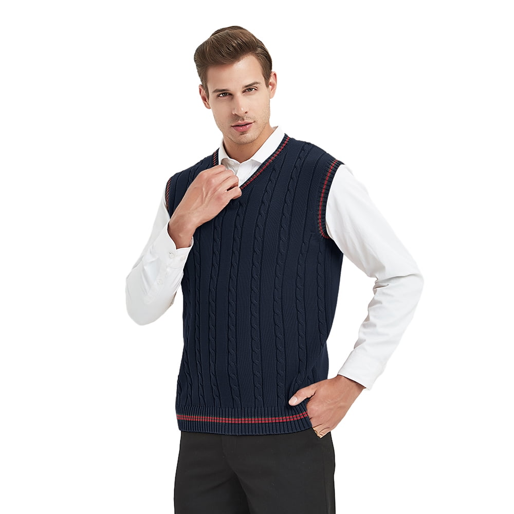 Toptie Men's 100% Cotton Knit Sweater Vest, V Neck Cable Pattern ...