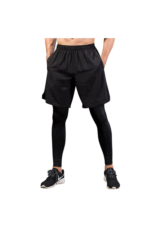 Men's 2 in 1 Running Pants, Basketball Tights Pants, Athletic Workout Shorts with Legging-Black-2XL