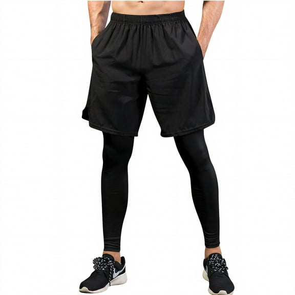 Toptie Men's 2 in 1 Running Pants, Basketball Tights Pants, Athletic Workout Shorts with Legging-Black-XL