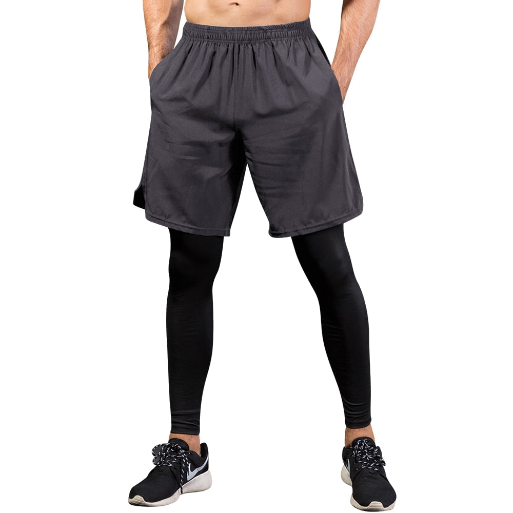 Toptie Men's 2 in 1 Running Pants, Basketball Tights Pants, Athletic  Workout Shorts with Legging-Grey-L