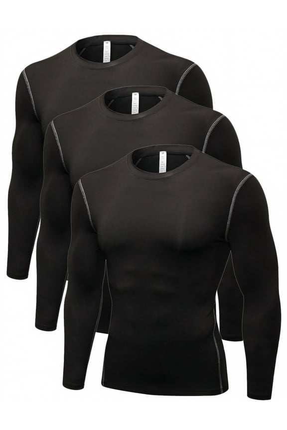 Men's 3 Pack Athletic Compression Shirts, Long Sleeve Running T-Shirt-07#Black-L