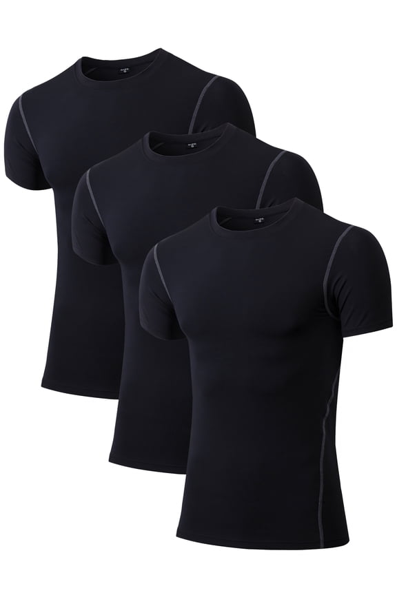 Men's 3 Pack Athletic Compression Short Sleeve Shirt-04#Black-M