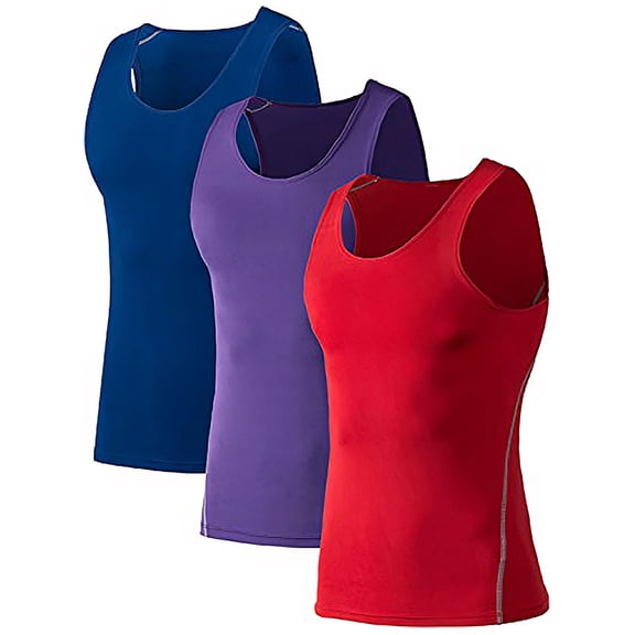 Toptie Men's 3 Pack Under Base Layer Sport Tank Top, Compression Shirt-01#Blue/Purple/Red-XL