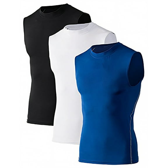Toptie Men's 3 Pack Workout Tank Top, Compression Shirts Sleeveless, Athletic Muscle Vest for Gym-02#Black/White/Blue-XL