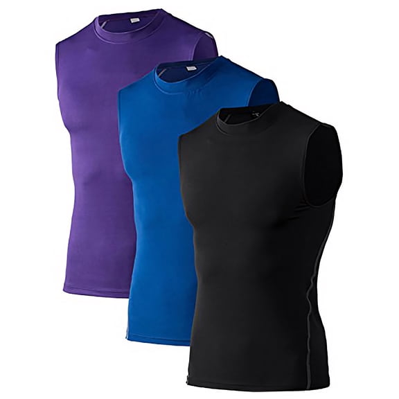 Toptie Men's 3 Pack Workout Tank Top, Compression Shirts Sleeveless, Athletic Muscle Vest for Gym-02#Purple/Blue/Black-XXL