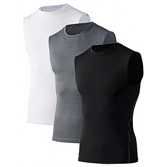 Toptie Men's 3 Pack Workout Tank Top, Compression Shirts Sleeveless, Athletic Muscle Vest for Gym-02#White/Grey/Black-S