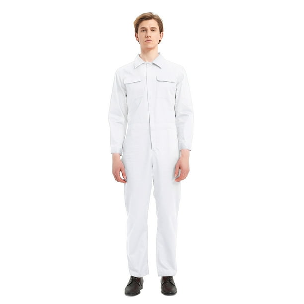 Toptie Men's 8.5 oz Front-Zip Long Sleeve Twill Coverall-White-M