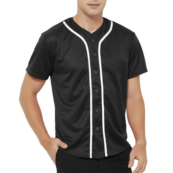 TOPTIE Men's Baseball Jersey Plain Button Down Shirts Team Sports Uniforms-Black White-L