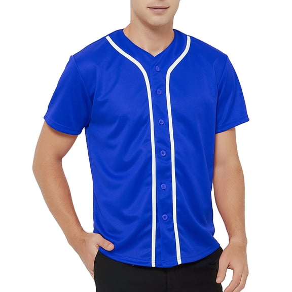 TOPTIE Men's Baseball Jersey Plain Button Down Shirts Team Sports Uniforms-Blue White-S