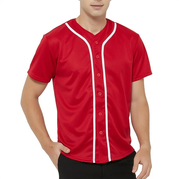 TOPTIE Men's Baseball Jersey Plain Button Down Shirts Team Sports Uniforms-Red White-M