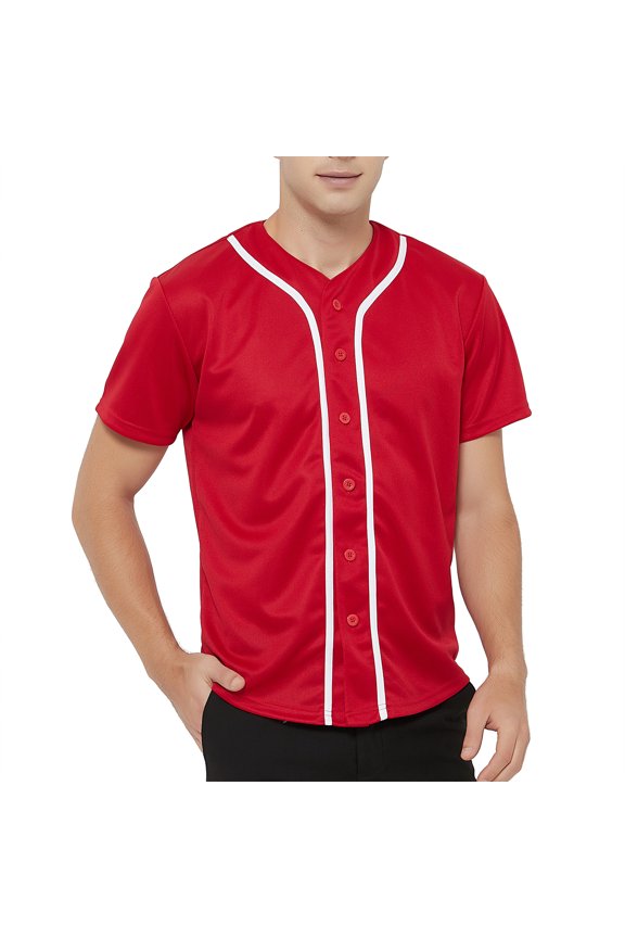 Men's Baseball Jersey Plain Button Down Shirts Team Sports Uniforms-Red White-M