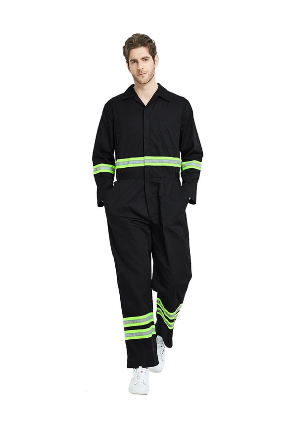 Men's Classic High Visibility Work Coverall with Reflective Trim-Black-XL Regular