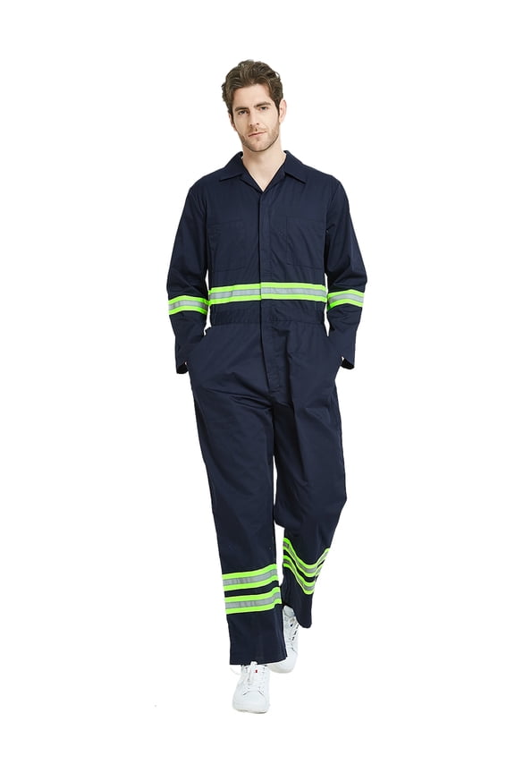 Men\'s Work Coverall High Visibility Coverall with Reflective Trim-Navy-3XL Regular