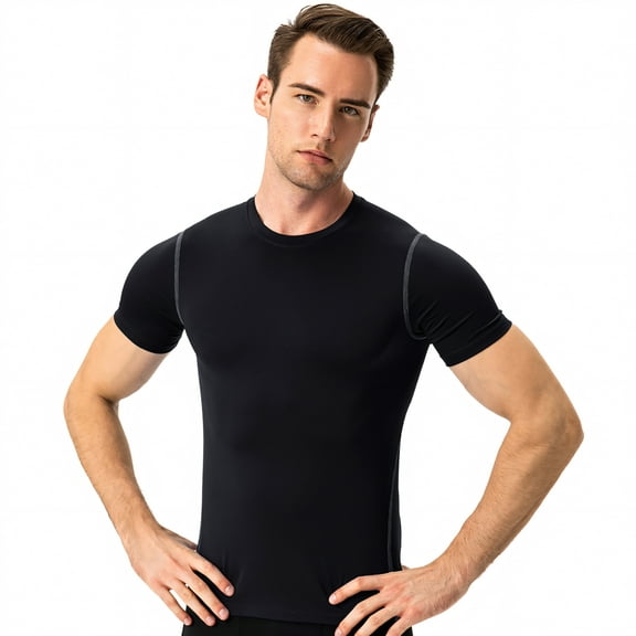 Toptie Men's Compression Base Layer, Short Sleeve Sports Top, Athletic Workout T-Shirt-Black-L