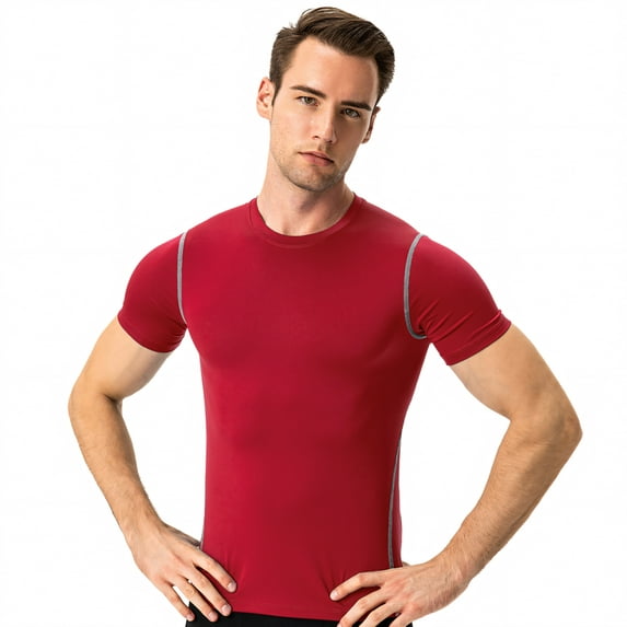 Toptie Men's Compression Base Layer, Short Sleeve Sports Top, Athletic Workout T-Shirt-Red-XXL