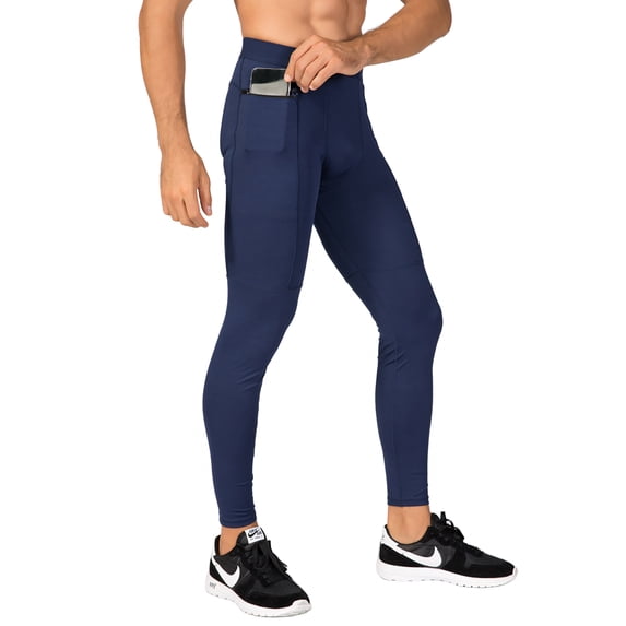 Toptie Men's Compression Pants, Zipper Pocket Sports Leggings, Base Layer Workout Pants-Navy-L