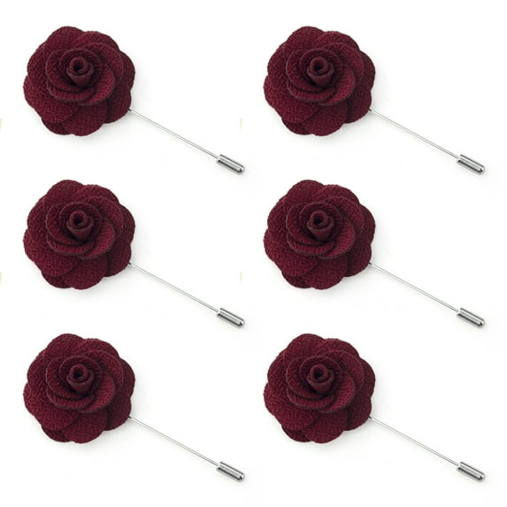 Toptie Men's Lapel Flower Pin Rose for Wedding Boutonniere Stick (Pack of 6)-Burgundy-Pack of 6