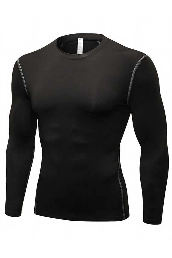 Men\'s Long Sleeve Compression Shirt, Athletic Workout Base Layer-Black-XL