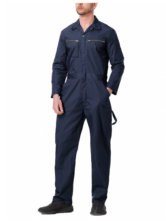 Men's Long Sleeve Coverall Action Back Coverall with Zipper Pockets, Mechanic Uniform, Navy Coverall