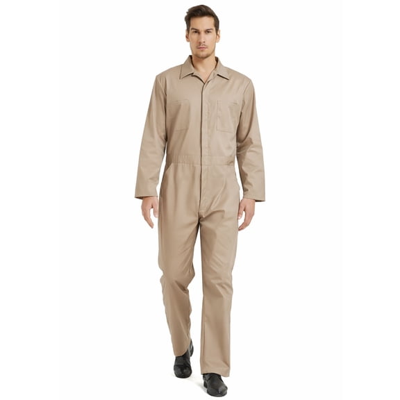 TOPTIE Men's Long Sleeve Coverall, Action Back Coverall Relaxed Fit, Work Wear Suit, Khaki Coverall