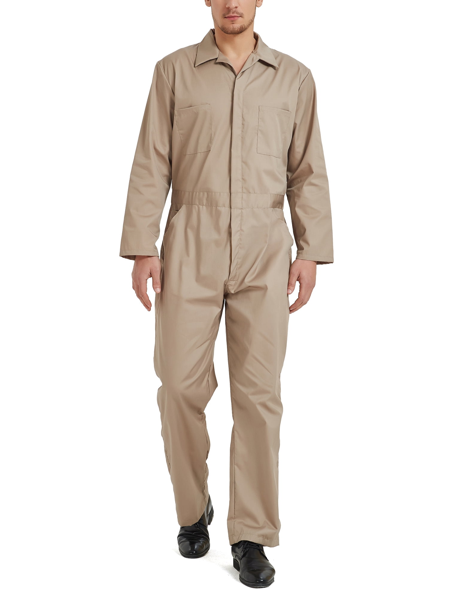 Toptie Men's Long Sleeve Coverall, Khaki Coverall Snap and ZipFront