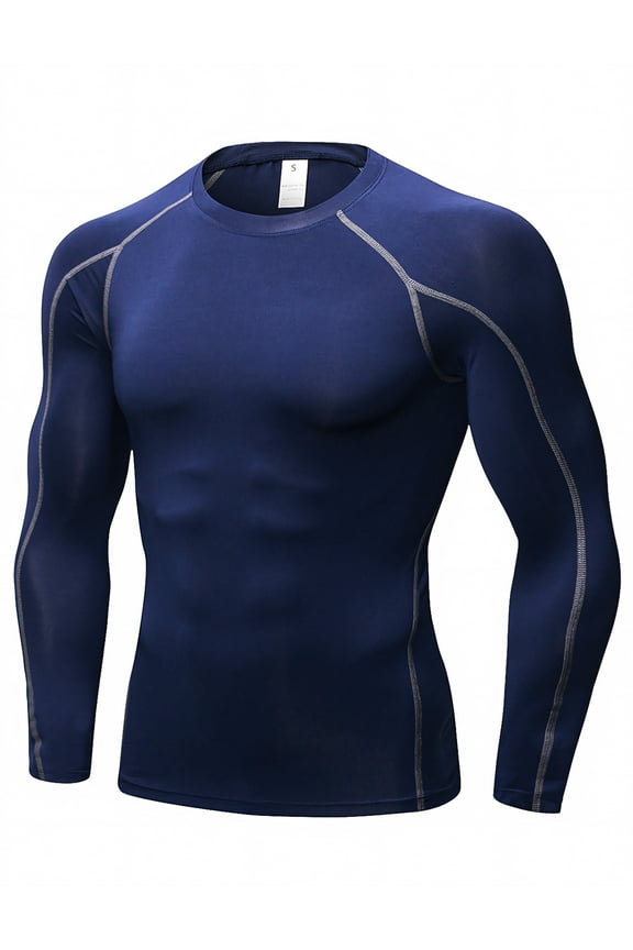 Men's Long Sleeve Fitted Compression Shirt, Cool Dry Base Layer for Men-Navy-XL
