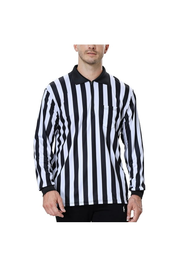 Men's Official Long Sleeve Black & White Striped Referee Shirt, Pro-Style Ref Umpire Jersey-L
