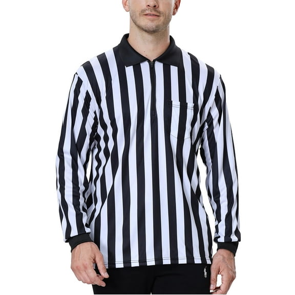 Toptie Men's Official Long Sleeve Black & White Striped Referee Shirt, Pro-Style Ref Umpire Jersey-M