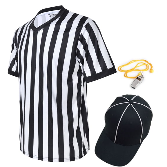 Toptie Men's Official V-Neck Referee Shirt Set, Officiating Black & White Striped Umpire Jersey, Hat and Metal Whistle-L