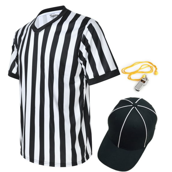 Toptie Men's Official V-Neck Referee Shirt Set, Officiating Black & White Striped Umpire Jersey, Hat and Metal Whistle-S