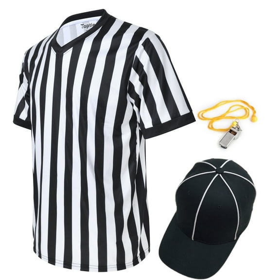 Toptie Men's Official V-Neck Referee Shirt Set, Officiating Black & White Striped Umpire Jersey, Hat and Metal Whistle-XL