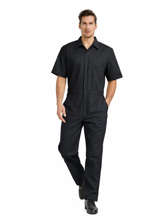 Men's Short-Sleeve Coverall Work Jumpsuit Lightweight with Zipper Front Elastic Waist, Black Coverall
